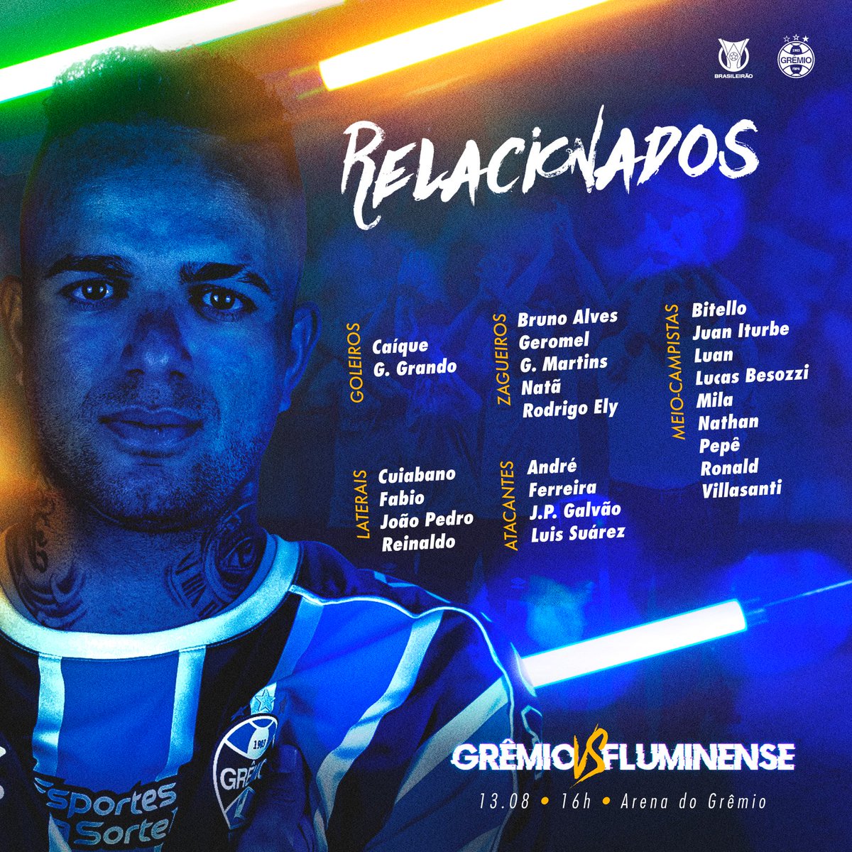 Gremio's tweet photo. RELACIONADOS 📋🇪🇪 As peças para mais essa batalha estão no tabuleiro. À disposição do nosso grão mestre, teremos o retorno do rei, da bênção de Geromel e os novos reforços Imortais.

Confere quem farda para #GRExFLU.
É pela volta ao G4! 👑🙏 https://t.co/Q9ft21vBNR