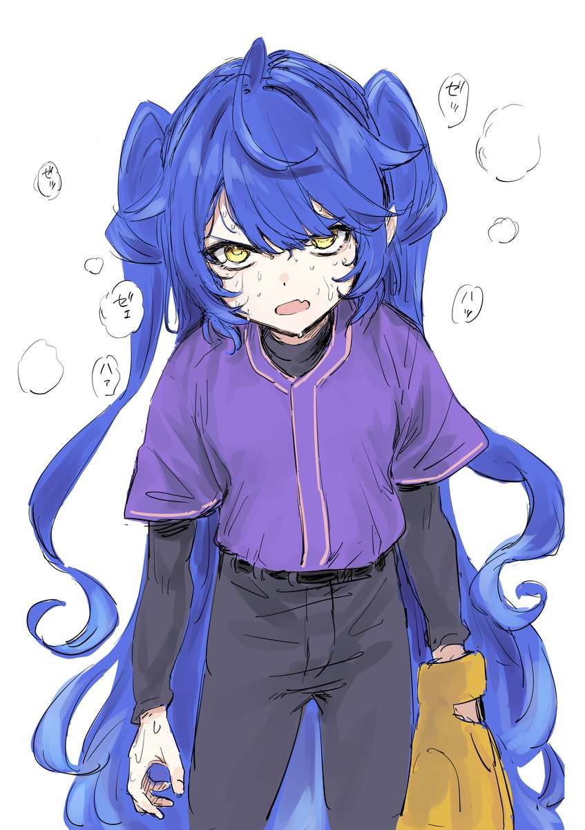 1girl yellow eyes long hair solo blue hair sweat pants  illustration images