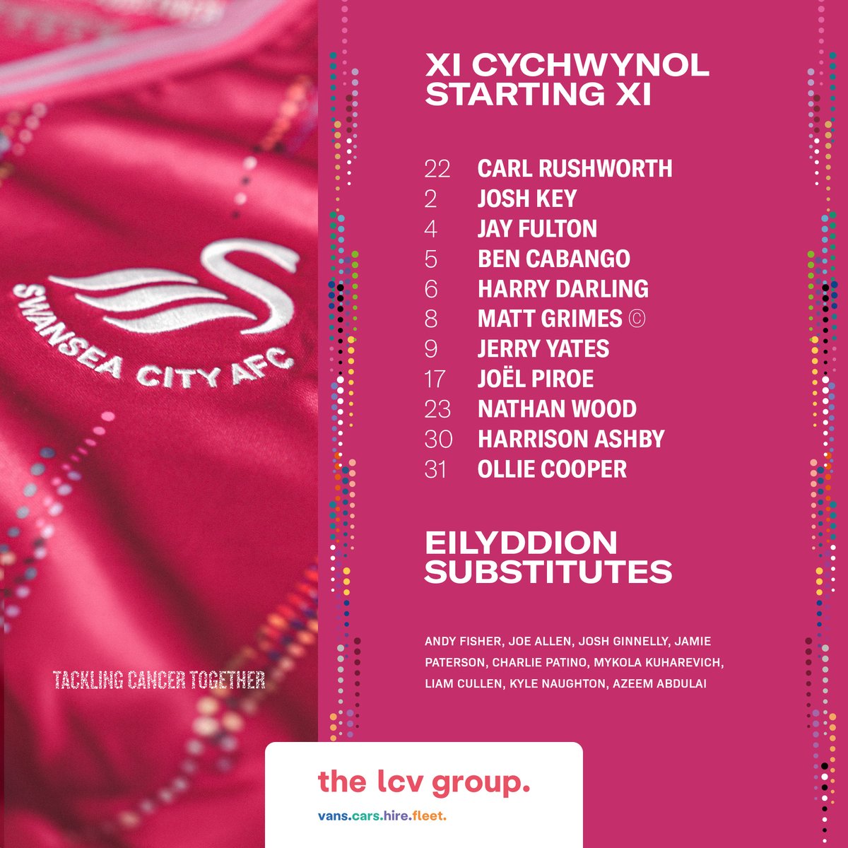 SwansOfficial's tweet photo. ⚠️ 𝐒𝐓𝐀𝐑𝐓𝐈𝐍𝐆 𝐗𝐈 ⚠️

Here's how the #Swans line up 🆚 @WBA  🦢

Brought to you in partnership with @the_lcvgroup https://t.co/m6ooinMupV