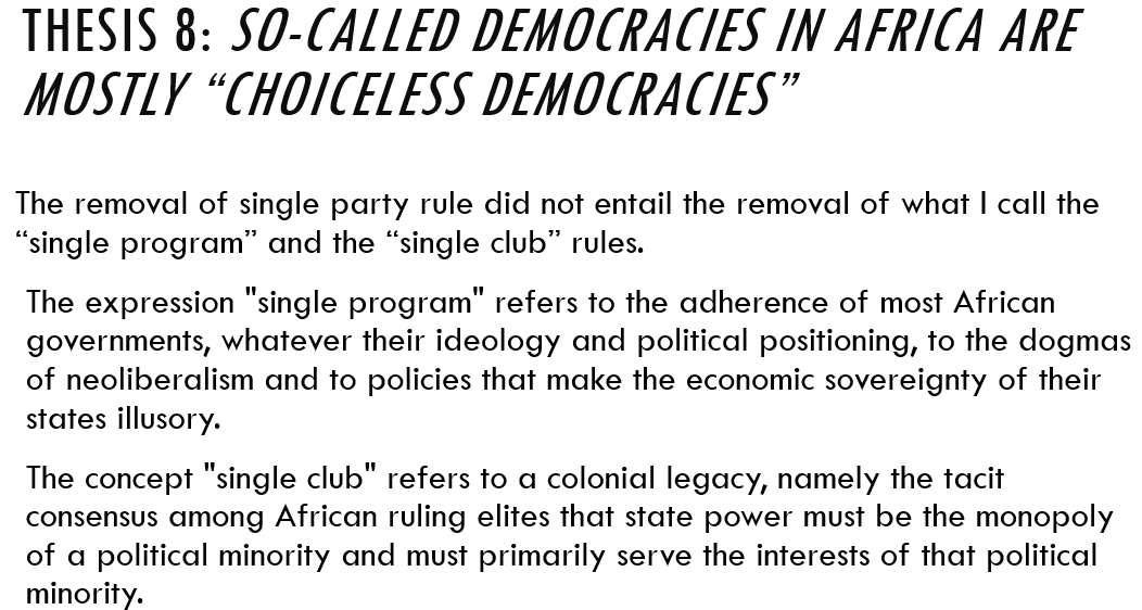 nssylla's tweet photo. Thesis 8: “So-called democracies in #Africa are mostly ‘#choiceless #democracies’” https://t.co/SC6rAJYkzT