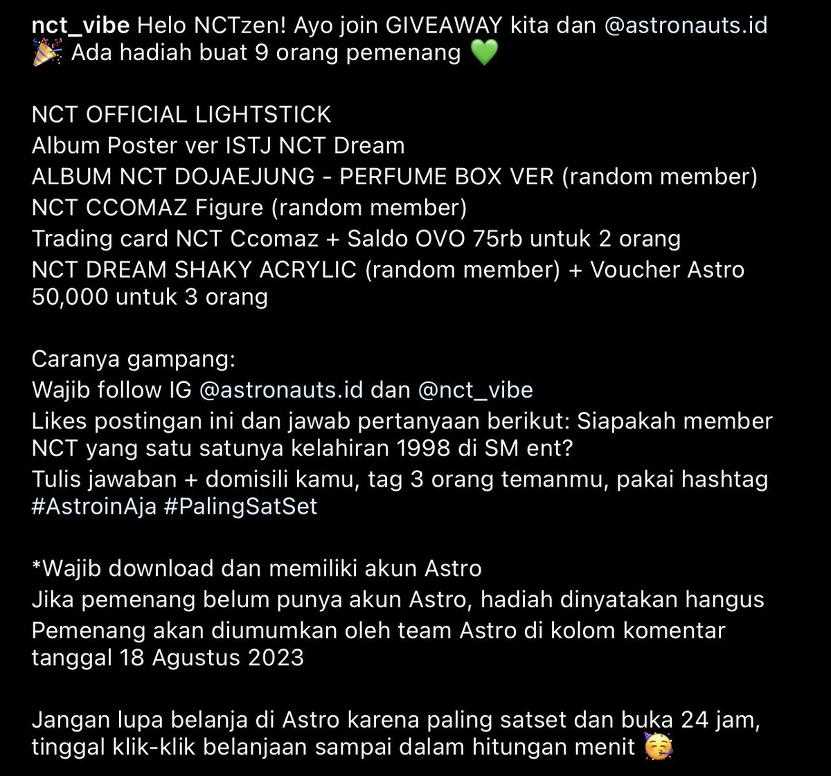 warga!! gw mau kasih tau kalo @/nct_vibe (on IG) lagi ngadain GA yang hadiahnya ada official lightstick nct, album istj dreamies, album dojaejung, dan banyak lagi 👍🏼

buru cek IGnya @/nct_vibe hayuk (link postingan gw sematkan di reply yah) jangan lupa baca s&amp;k nya juga okeh <3