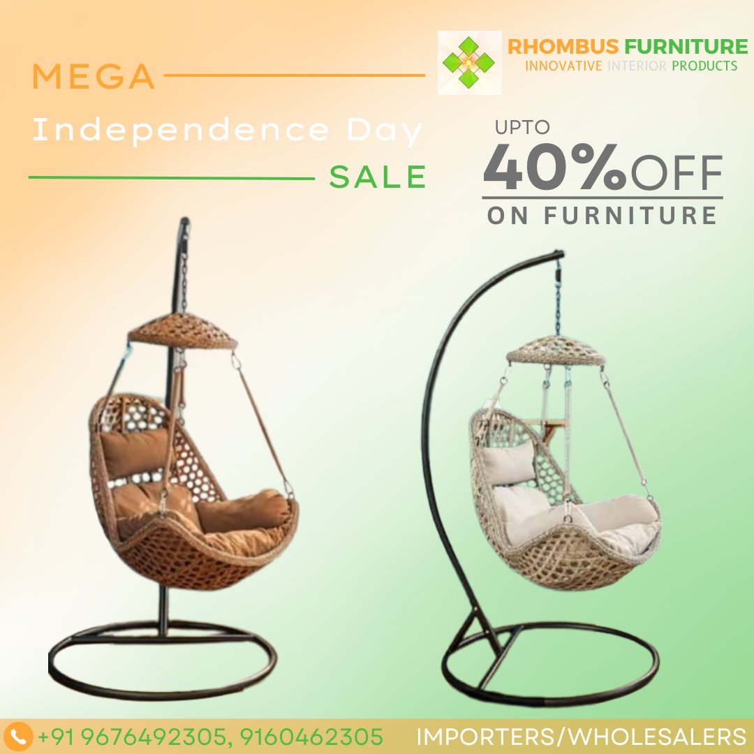 rhombusinterior's tweet photo. ULTIMATE INDEPENDENCE DAY SALE - BALCONY SWING CHAIRS.

RHOMBUS FURNITURE

IMPORTERS/WHOLESALERS
#rhombus #furniture #SaleDay #teaser #JailerTelugu #Indian2 #JailerHit #BoxOffice #WorldElephantDay #ShibaArmy #WeWantBEDInPRT #ARSNFO #Mohanlal #Adipurush #Pathaan #FukraInsaan https://t.co/AJkdl6ZxTN