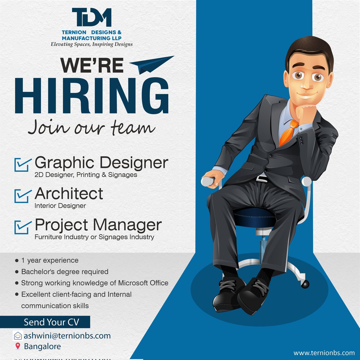 ternionindia's tweet photo. Looking for a
Graphic Designer (2D Design, Printing &amp; Signages),
Architect (Interior Designer), and
Project Manager (Furniture or Signages Field) to join our squad! 

#HireMe #DesignDreamTeam #InteriorInspiration #ProjectManagementPro #SignageSquad #FurnitureFam #DesignJobs https://t.co/ewttWxPLbP