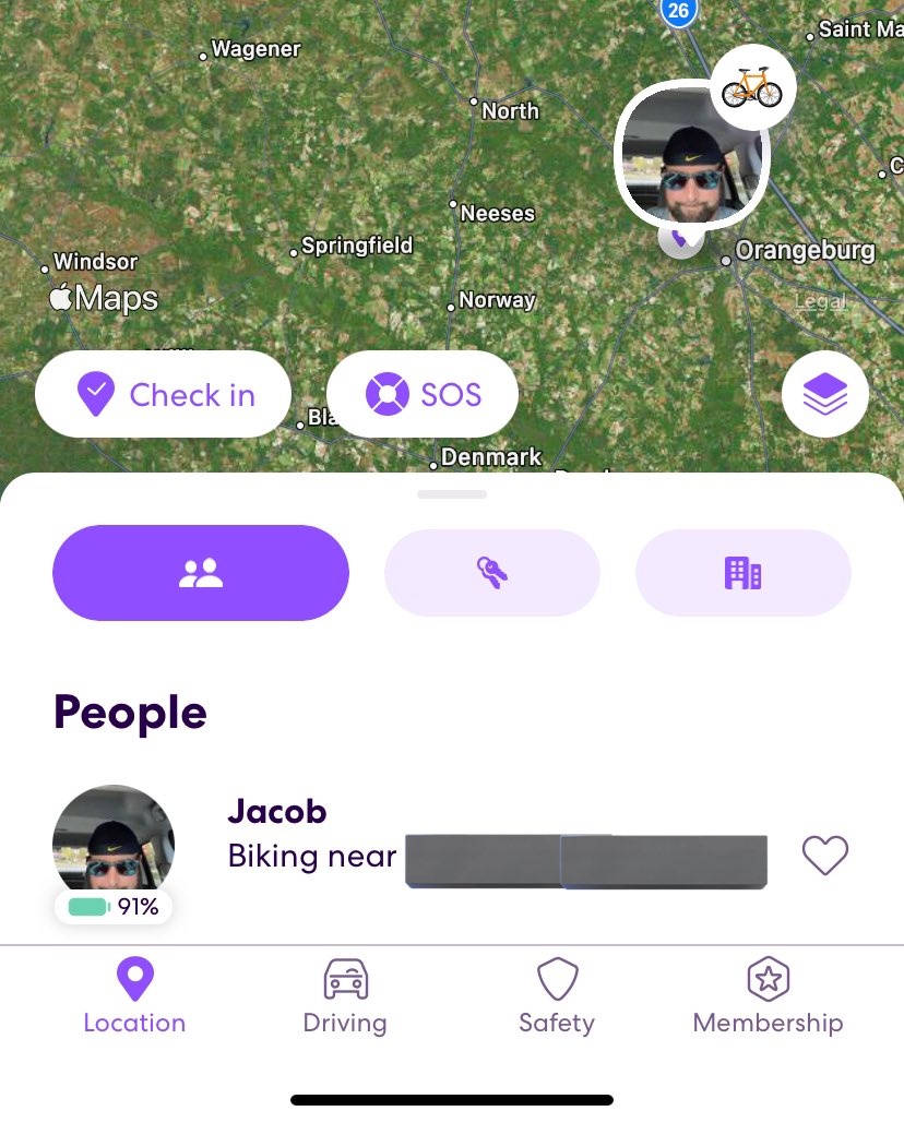 kjnsmom's tweet photo. When Life360 thinks your husband is on a bike, but really it’s a mower/roller/blower/golf cart #turfwife #MyCarolinasMorning https://t.co/KEEP7ctWGr
