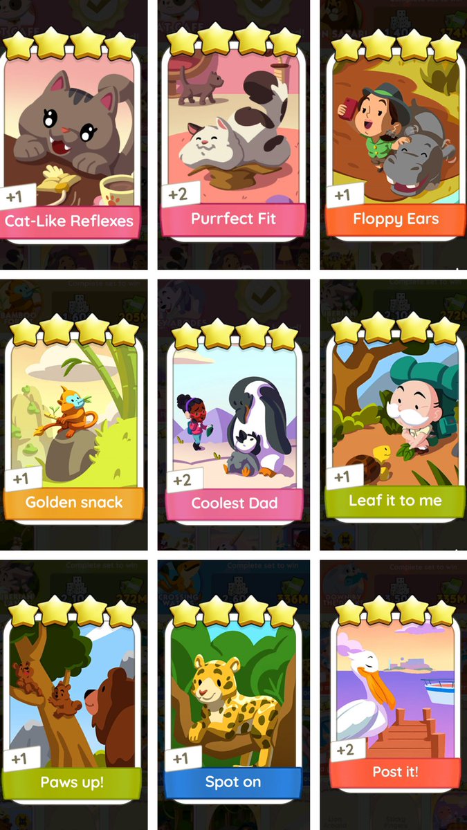 bang_yesahi's tweet photo. wtt lft monopoly go stickers

have:
Cat-Like Reflexes &amp; Purrfect Fit 
Floppy Ears 
Golden Snack 
Coolest Dad 
Leaf it to me &amp; Paws up 
Spot on 
Post it! 

want: 5 star stickers or stars (1:3 ratio)

@MGoTrading https://t.co/qrpjt12Eit