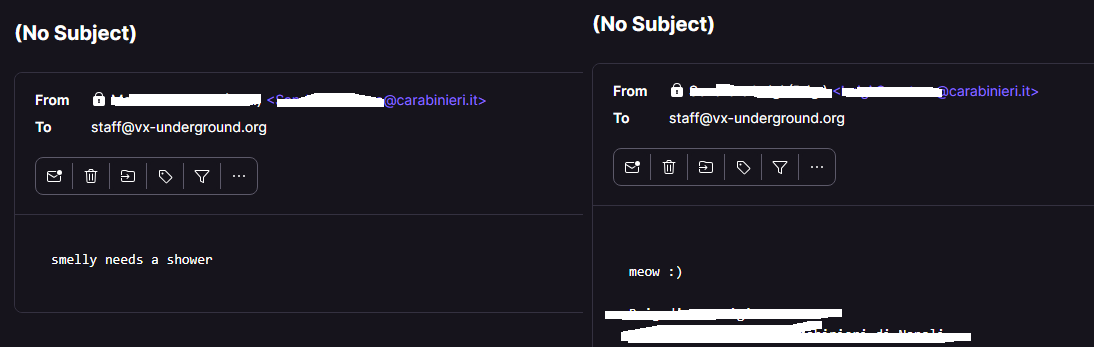 vxunderground's tweet photo. Over the past 24 hours we have received dozens of e-mails from compromised government e-mail addresses.

This is a clear illustration of how easy it is for Threat Actors to get access to legitimate e-mails to social engineer people (or corporations). https://t.co/zeuV1dAqzW