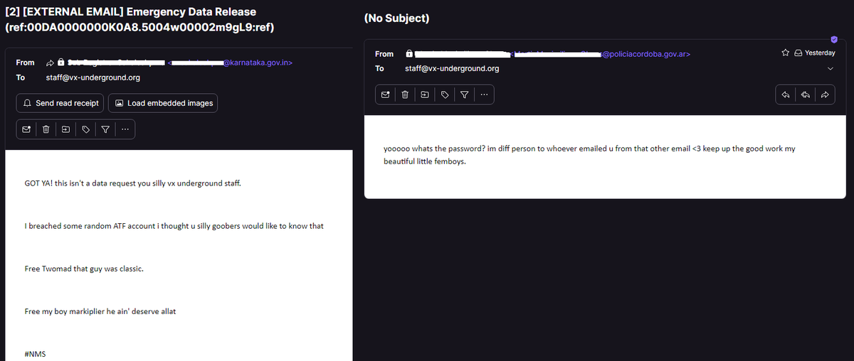 vxunderground's tweet photo. Over the past 24 hours we have received dozens of e-mails from compromised government e-mail addresses.

This is a clear illustration of how easy it is for Threat Actors to get access to legitimate e-mails to social engineer people (or corporations). https://t.co/zeuV1dAqzW