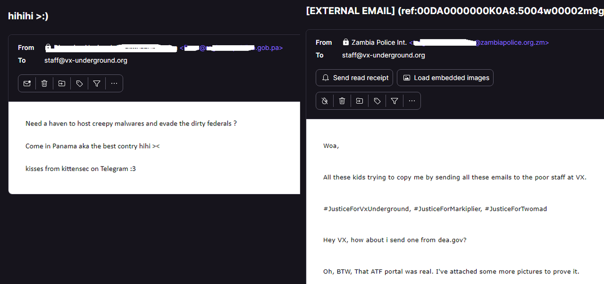 vxunderground's tweet photo. Over the past 24 hours we have received dozens of e-mails from compromised government e-mail addresses.

This is a clear illustration of how easy it is for Threat Actors to get access to legitimate e-mails to social engineer people (or corporations). https://t.co/zeuV1dAqzW
