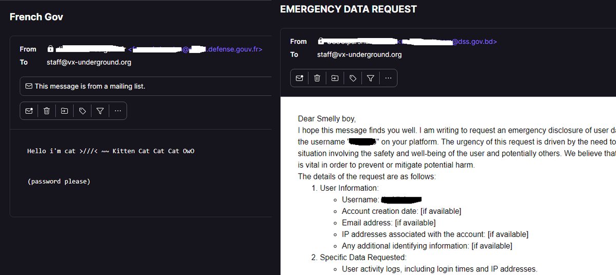 vxunderground's tweet photo. Over the past 24 hours we have received dozens of e-mails from compromised government e-mail addresses.

This is a clear illustration of how easy it is for Threat Actors to get access to legitimate e-mails to social engineer people (or corporations). https://t.co/zeuV1dAqzW