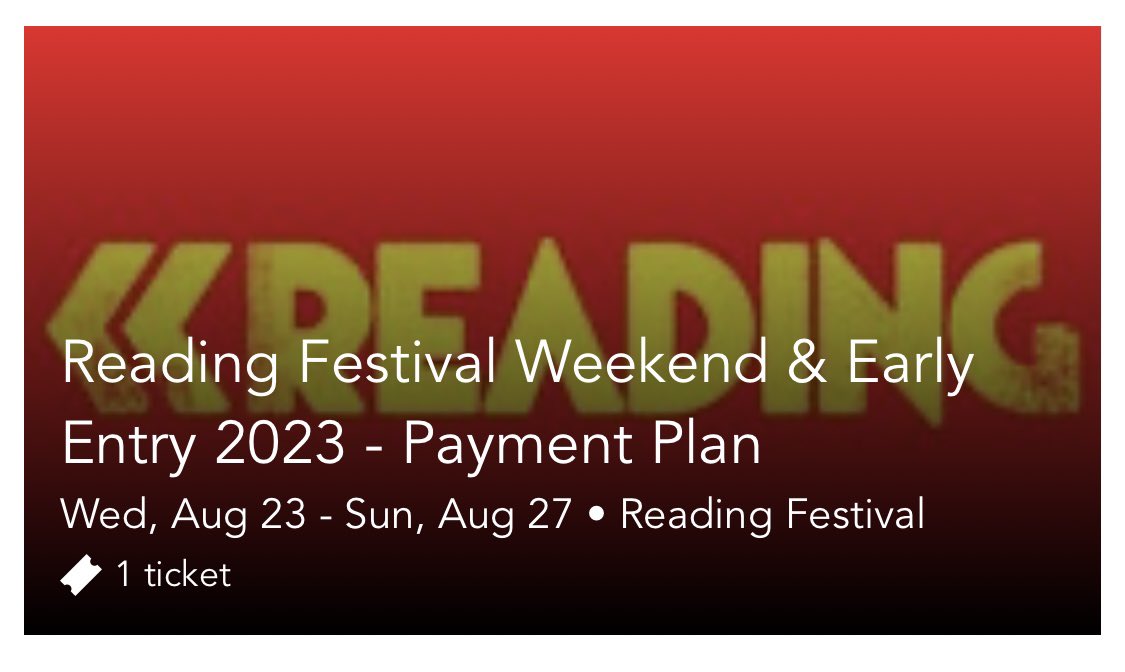 JulieStarkey8's tweet photo. Selling a Reading Festival Ticket 

1 x Weekend Ticket + Early Entry (23 -27 Aug). 
Grab a bargain only £200! 

Genuine sale, will transfer by ticketmaster once money received 
🎟️

Comment or DM me if interested. https://t.co/KVmHvbMgKa
