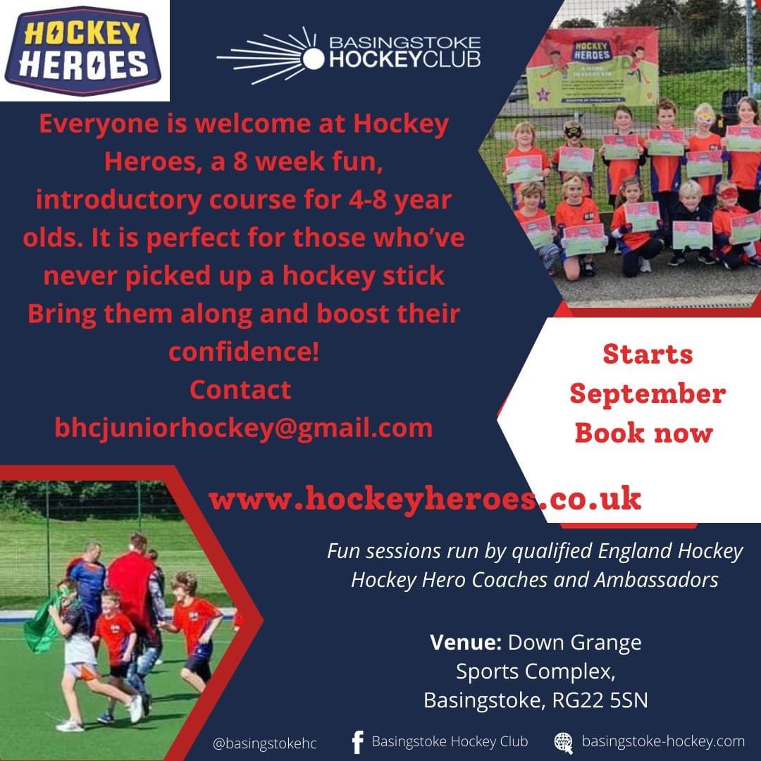#HockeyHeroes is a fun and welcoming programme for children aged 5-8 (school years R to 3) to develop both their physical and character ‘superpowers’, unlocking the hero inside them!  
Sessions are being hosted at Basingstoke Hockey Club from the 16th September...