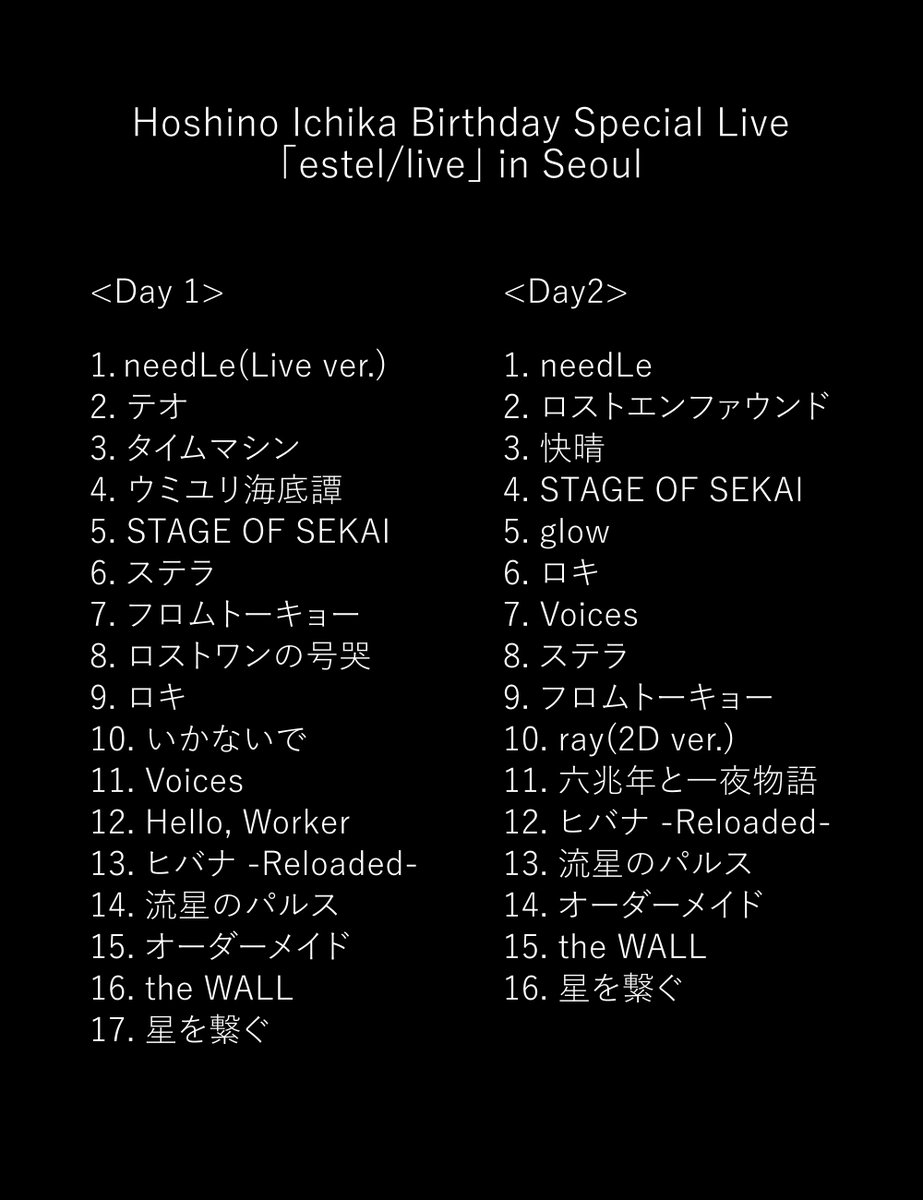 Hoshino Ichika Birthday Special Live「estel/live」in Seoul

2023. 08. 11 - 12
Day 1 &amp; 2 Live Setlist