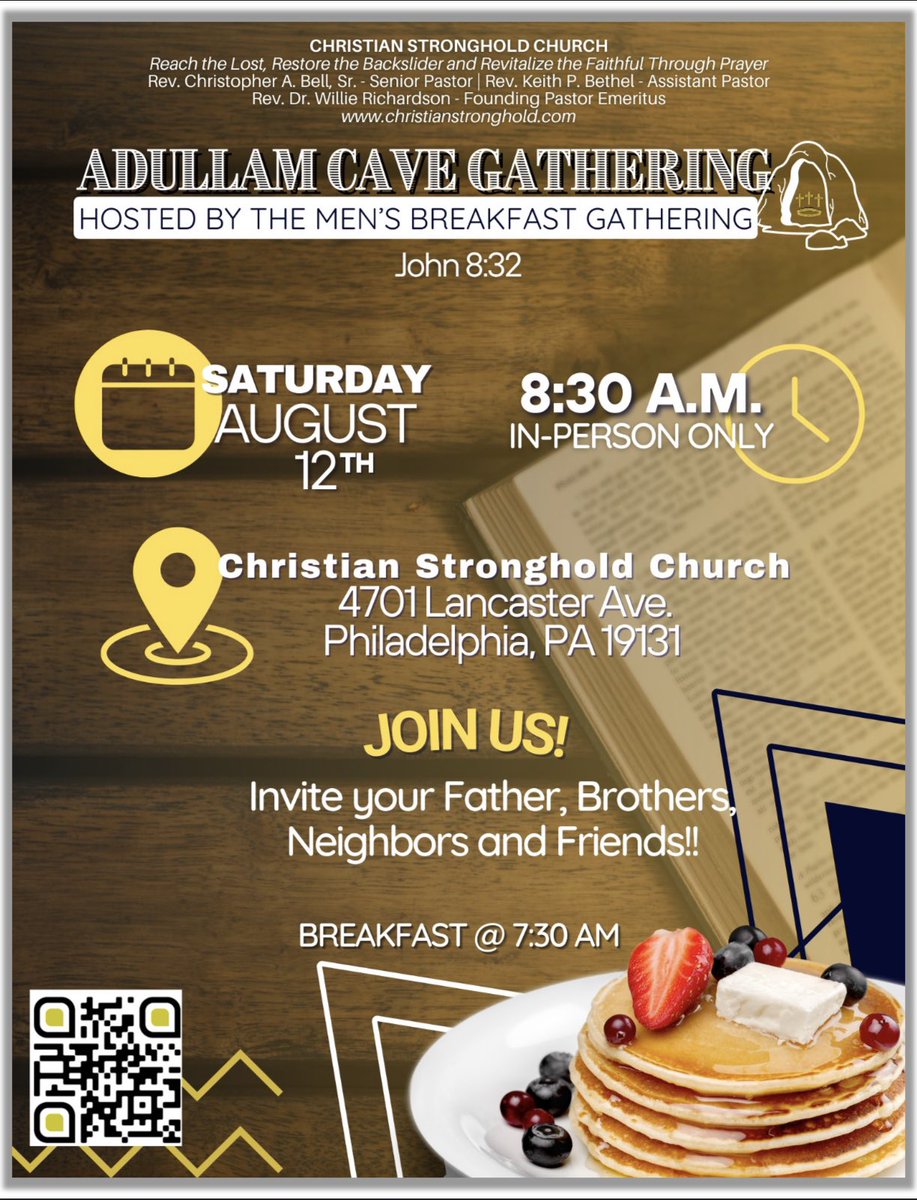cscdaily's tweet photo. Join us this morning brothers for Men’s Breakfast starting @ 8:30am! You can join us In-Person (ONLY)! #IraLark #PastorChristopherABellSr #MensBreakfast #InPersonOnly #AdullamCave #Every2ndSaturday #CSCdaily #Share 🌇⛪️📖📺🖥💻📱☕️🙏🏾♥️ https://t.co/y6OKQgXnv5