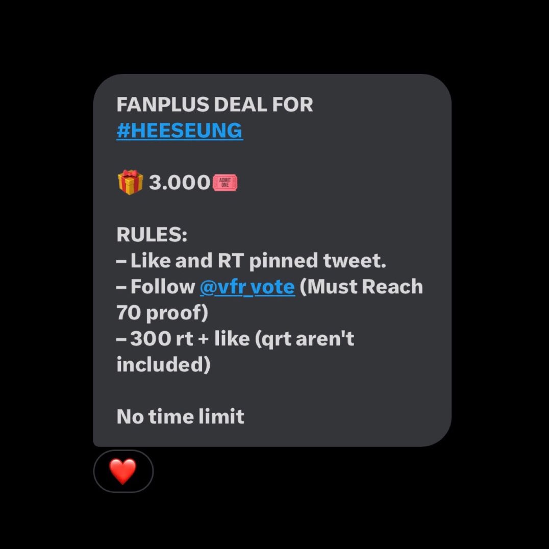 onlyheejakes's tweet photo. FANPLUS DEAL FOR #HEESEUNG 

🎁 3.000🎟️

RULES: 
– Like and RT pinned tweet.
– Follow @vfr_vote (Must Reach 70 proof)
– 300 rt + like (qrt aren't included)

#ENFuelUP #ENVOOSTERS https://t.co/vjDlIw6u88