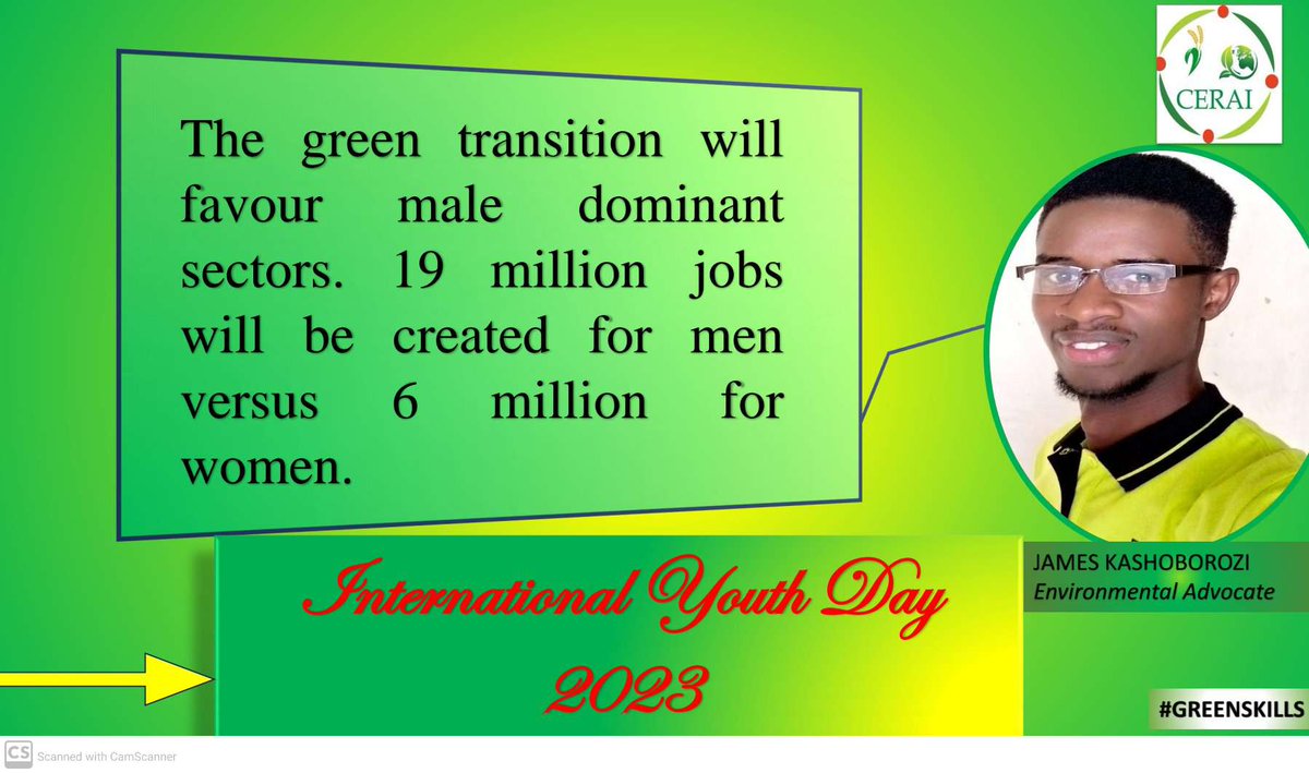 IYD 2023.

The green transition will favour male dominant sectors.  19 million jobs will be created for men versus 6 million for women. <a href="/CERAIUg/">Centre for Environmental Research and Agriculture</a>
<a href="/aifeuganda/">AIFE</a>
<a href="/Bluvard_NGO/">Bluvard Education</a>
<a href="/careboutclimate/">Care About Climate</a>
@ClimatespaceAf1
<a href="/UNDP4Youth/">UNDP Youth</a>
<a href="/YIL_Initiative/">Youth In Landscapes Initiative (YIL)</a>
<a href="/Y4Nature/">Youth4Nature</a>
#greenskillsforyouth 
#GREENSKILLS