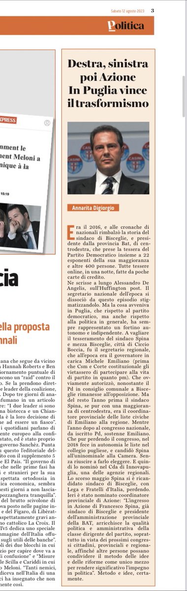 ardigiorgio's tweet photo. 2016, in un una notte il sindaco di bisceglie, di centrodestra, fa 400 tessere online del pd da una sola carta di credito, insieme a 22 esponenti di maggioranza. Renzi gli dice che non è possibile, ma il segretario regionale del pd, Michele Emiliano, valida tutto. Poi lo candida alle politiche nel pd all’uninominale, perde e lo nomina nel cda di un’agenzia regionale. Due mesi fa si ricandida sindaco di bisceglie, ma con lega e fdl. Perde. E ieri calenda lo nomina cordinatore provinciale di azione.
