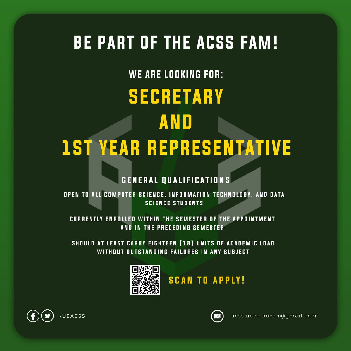 UEACSS's tweet photo. ACSS UPDATE:
We are searching for the next SECRETARY &amp; 1ST-YEAR REPRESENTATIVE for this school year 2023-2024. 

Note: The positions are exclusive to CS, IT, and DS students of the University of the East - Caloocan Campus.
https://t.co/C5DDRpTAfZ

#ACSS2324
#ACSSelerateYourFuture https://t.co/mBQ7V32hWU