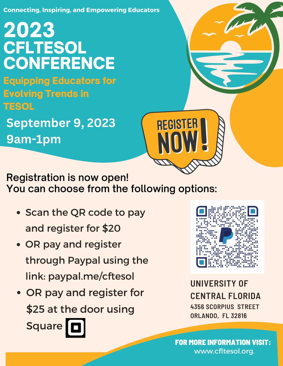 cfltesol's tweet photo. Q: Where will you be in a month? A: At the Central Florida #TESOL Conference @UCF @ucfglobal ! Register today for $20 or for $25 dollars the day of the event! We hope to see you there! @AVID_All_Star @SBjacquie @RobynSocha @nissa_hopkins @SSTESOL https://t.co/AnUtQfQkEj