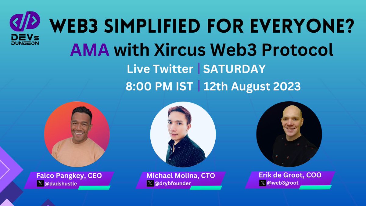 TheSuranaverse's tweet photo. Hey everyone 👋

We are truly excited to invite you for our Twitter space tonight on "Web3 simplified for Everyone" 🫶

Join me tonight at 8pm IST with some of the amazing folks in the #Web3 space
@dadshustle - CEO
@drybfounder - CTO
@web3groot - COO
at Xircus 🚀

Set reminder 👇 https://t.co/aUpoMesZRU