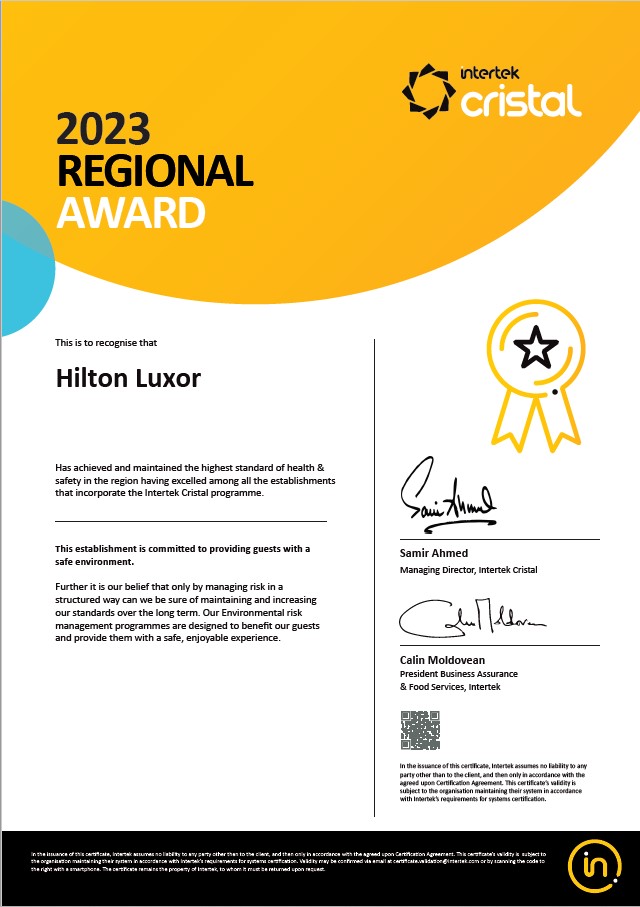 hiltonluxor's tweet image. Hilton Luxor Resort &amp;amp; Spa has achieved and maintained the highest standard of health &amp;amp; safety in the region having excelled among all the establishments that incorporate the Intertek Cristal programme 

#Luxor #Egypt #WeAreHilton #WeAreHospitality #Hospitality #award