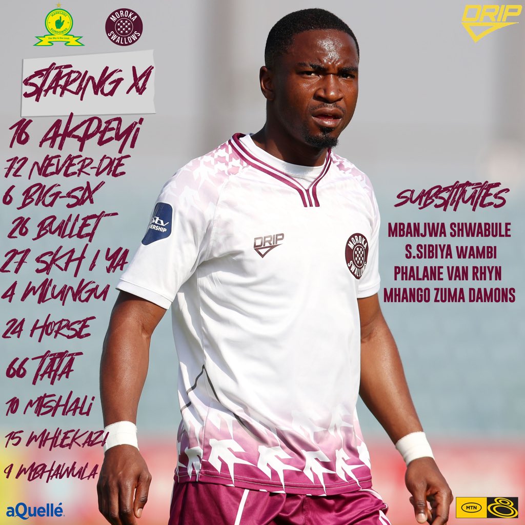 FARPostZA's tweet photo. Swallows XI v Sundowns 

⏰ 15H00
🏟 Lucas Moripe Stadium
📺 SS 202 

#FARPost #MTN8 https://t.co/7KEEkyclBc
