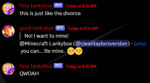 wlwbucket's tweet photo. i think me and my friends have an addiction to making the lankybox bots kiss

[ #discord #tupperbox #lankybox ] https://t.co/oQ4Gs3dfYk