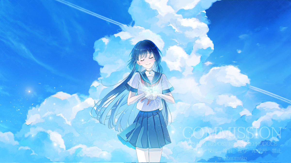 1girl solo cloud long hair skirt sky closed eyes  illustration images