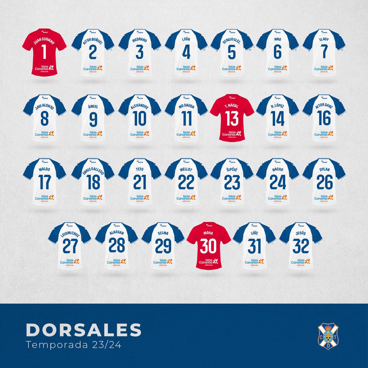 CDTOficial's tweet photo. 🔢 Dorsales del #CDTenerife 23/24 

ℹ️ https://t.co/FG7j4Ovsdp 

#YoSoyElTenerife https://t.co/ekExooUFNa