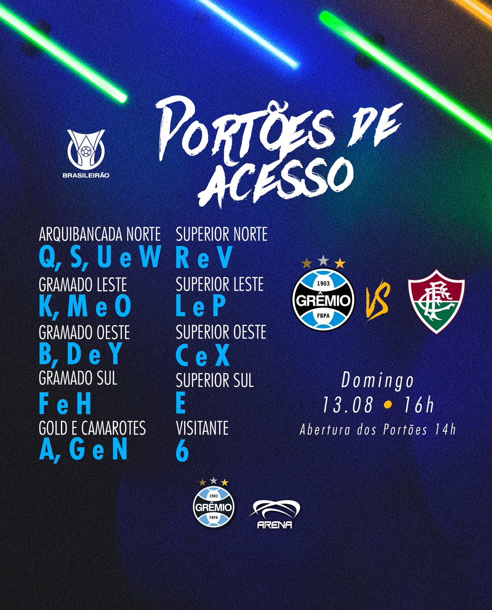 todosnaarena's tweet photo. Atenção, torcida tricolor! 

Confira os portões de acesso para #GRExFLU e venha viver o seu Dia dos Pais na Arena e aproveitar o #AqueceArena 🇪🇪

⚽ Os portões abrem às 14h.

#TodosNaArena #ArenaDoGremio #Gremio #SocioGremista https://t.co/rwJxrjN0A0