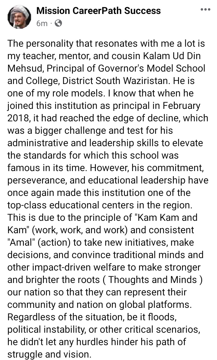 inayatullah1220's tweet image. &quot; It was an assigned task from Amal Academy to write about one personality that you believe is the embodiment of the principle of &quot; Kam, Kam and Kam &quot; and &quot; Amal &quot;. 
#amalacademy #session3 #week2challenge 
#dreamcareer  #passionandpurpose  #missioncareerpathsuccess #inayatmehsud