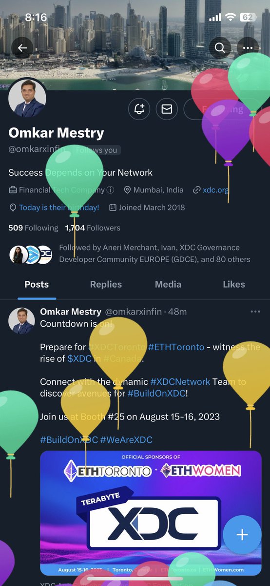 AnilChinchawale's tweet photo. Wishing you a fantastic birthday @omkarxinfin celebration and an amazing time at the Canada #XDCEvent. #ETHToronto #WeAreXDC #XDC https://t.co/5HO8ZHFqvZ