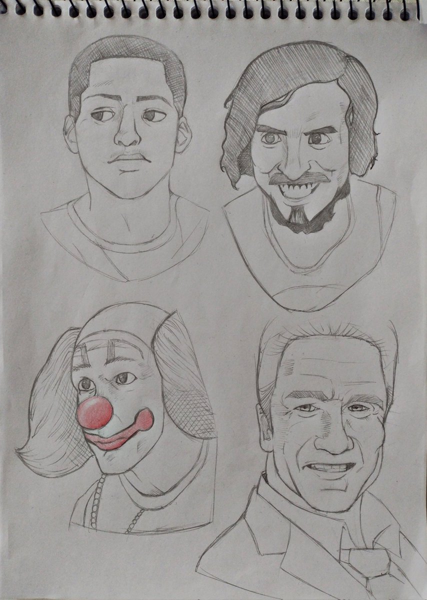 LipehArts's tweet photo. Da saga de fazer desenho scrollando as thumbs do Yt, tentei fazer um realismo barato, as pessoas retratadas são: Irmão do Zoio, meu nordestino favorito Leozin, Palhaço Bozo/Bingo e o Arnold (me recuso a escrever o nome dele completo)
#sketchbook #sketch #illustration #art https://t.co/dyZ0rLkX33
