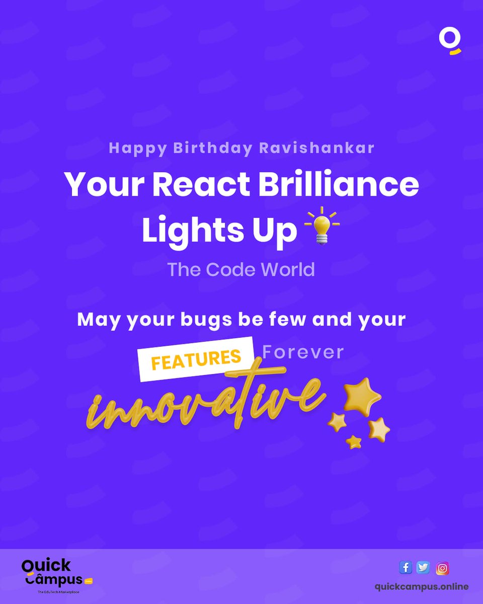 joinquickcampus's tweet image. 🎉 React into a joyful celebration! Happy Birthday, Ravishankar! Your code wizardry sparks magic. May bugs flee and features shine! 🎂#reactjs #QuickCampusLearning #education #school #schoolmanagementsystem #quickcampusonline  #Quicktouch #QT #schoolmanagement #schoolerpsoftware