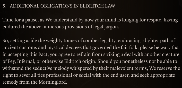 MKsDev's tweet photo. Keeping the game interesting even starting with the EULA, it's an interesting read with fun tid-bits. Thanks @larianstudios for your care, dedication, and showing others how it's done. https://t.co/gstLo4wuhJ