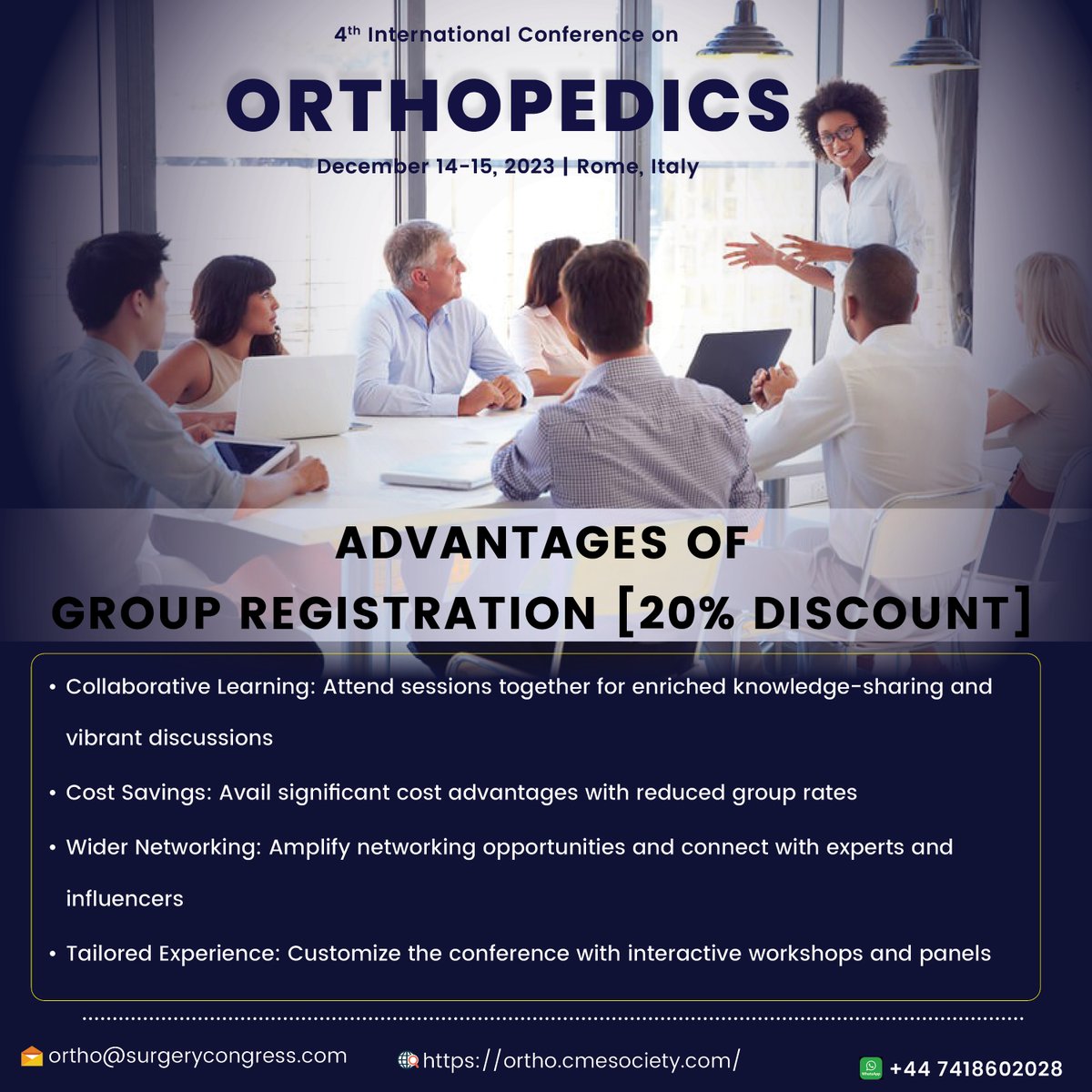 Ortho_Congress's tweet image. 📅 Save the Date: Join us on December14-15, 2023 at Rome for the latest in orthopedic advancements.

🔗 For Group Registration, visit buff.ly/3NoON8N  or contact us at ortho@surgerycongress.com

#OrthoPedia2023 #Orthopedics #GroupRegistration #OrthopedicAdvancements