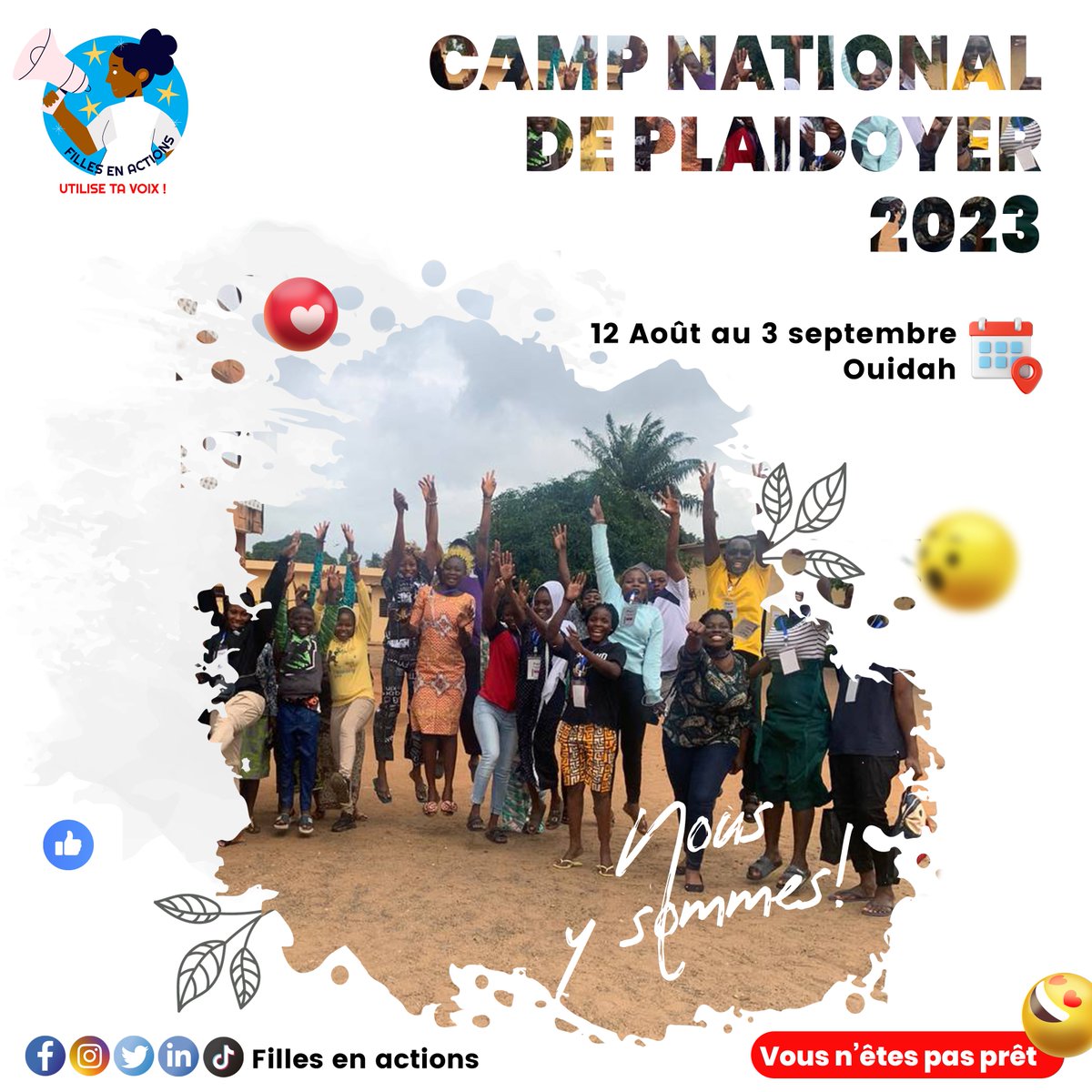 FillesActions's tweet photo. 🤩🤩🤩

Enfin, nous y sommes.
Le camp National de plaidoyer organisé par Filles en actions débute ses activités ce samedi 12 Août 2023 à Ouidah.

Soyez câblés pour la suite. ✨

#FillesEnActions
#CampNationalDePlaidoyer https://t.co/9tJ00feNXJ
