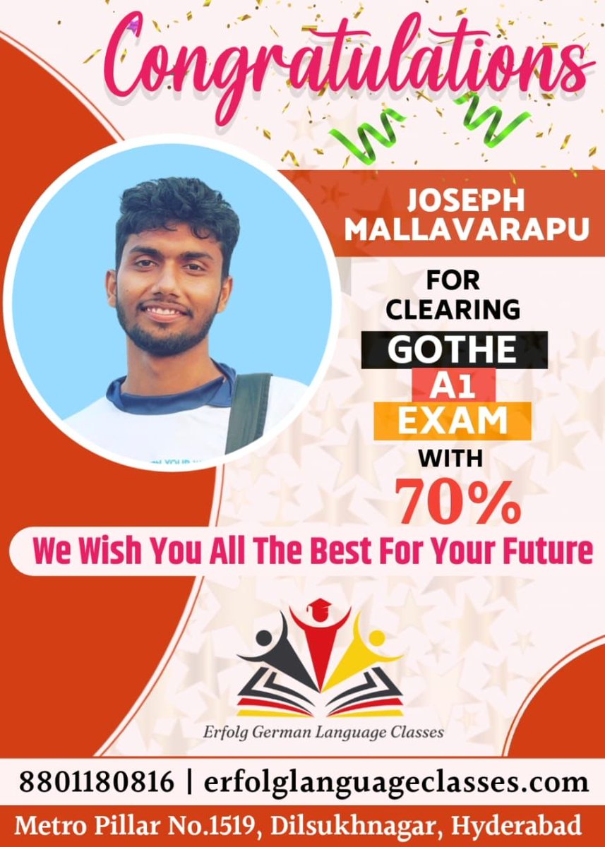 roshanagarwal6's tweet image. 🎉Hats off to JOSEPH MALLAVARAPU for acing the GOETHE Α1 exam with an impressive 70% score! ERFOLG German Classes Congratulates you on this Occasion! 

Your dedication and hard work truly paid off.

👏 Wishing you all the best for your future endeavors! 
 
#ErfolgLanguageClasses