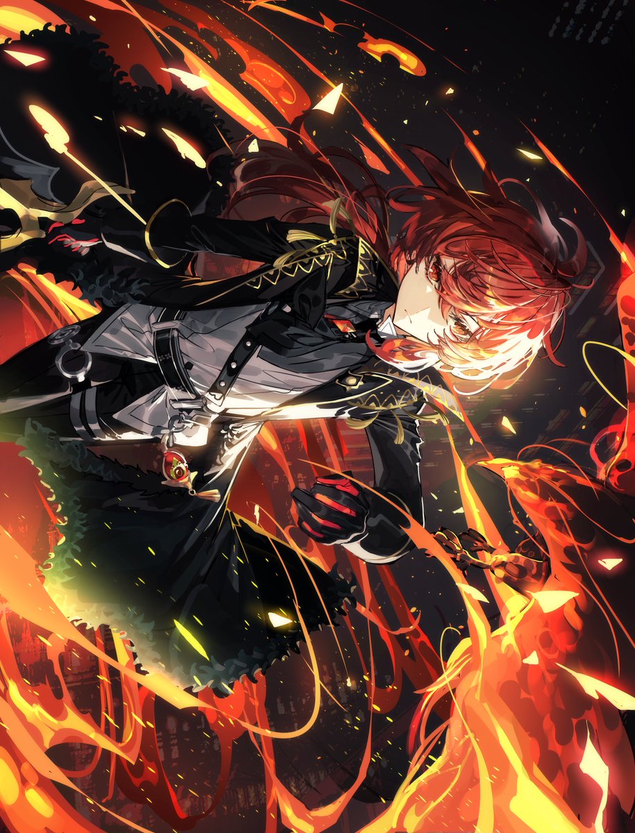 diluc (genshin impact) 1boy red hair male focus fire red eyes long hair solo  illustration images