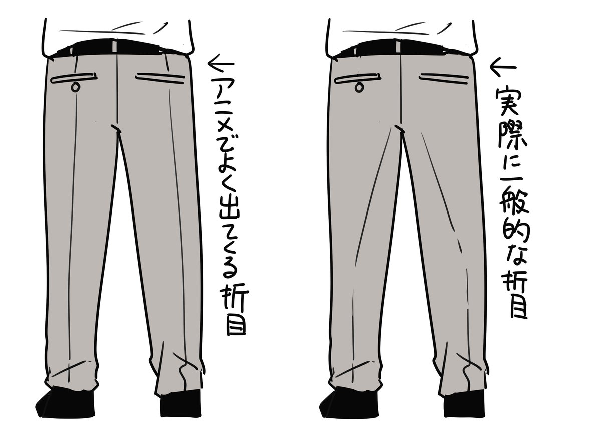 あとアニメの作画でよく出てきて気になるのが、後ろから見たときのスラックスの折り目が上まで通ってるやつである
別にこのように折りたければ折ればいいが・・・・ 
