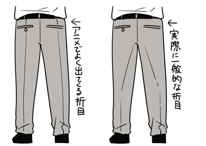 あとアニメの作画でよく出てきて気になるのが、後ろから見たときのスラックスの折り目が上まで通ってるやつである
別にこのように折りたければ折ればいいが・・・・ 