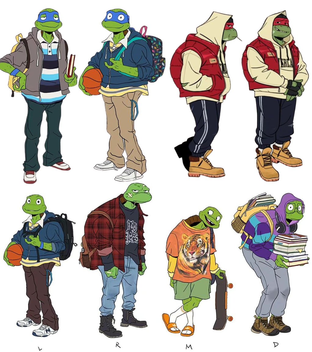 Concept art of the #TMNT #MutantMayhem turtles in different outfits

(via Artist Maxime Mary | Instagram)
