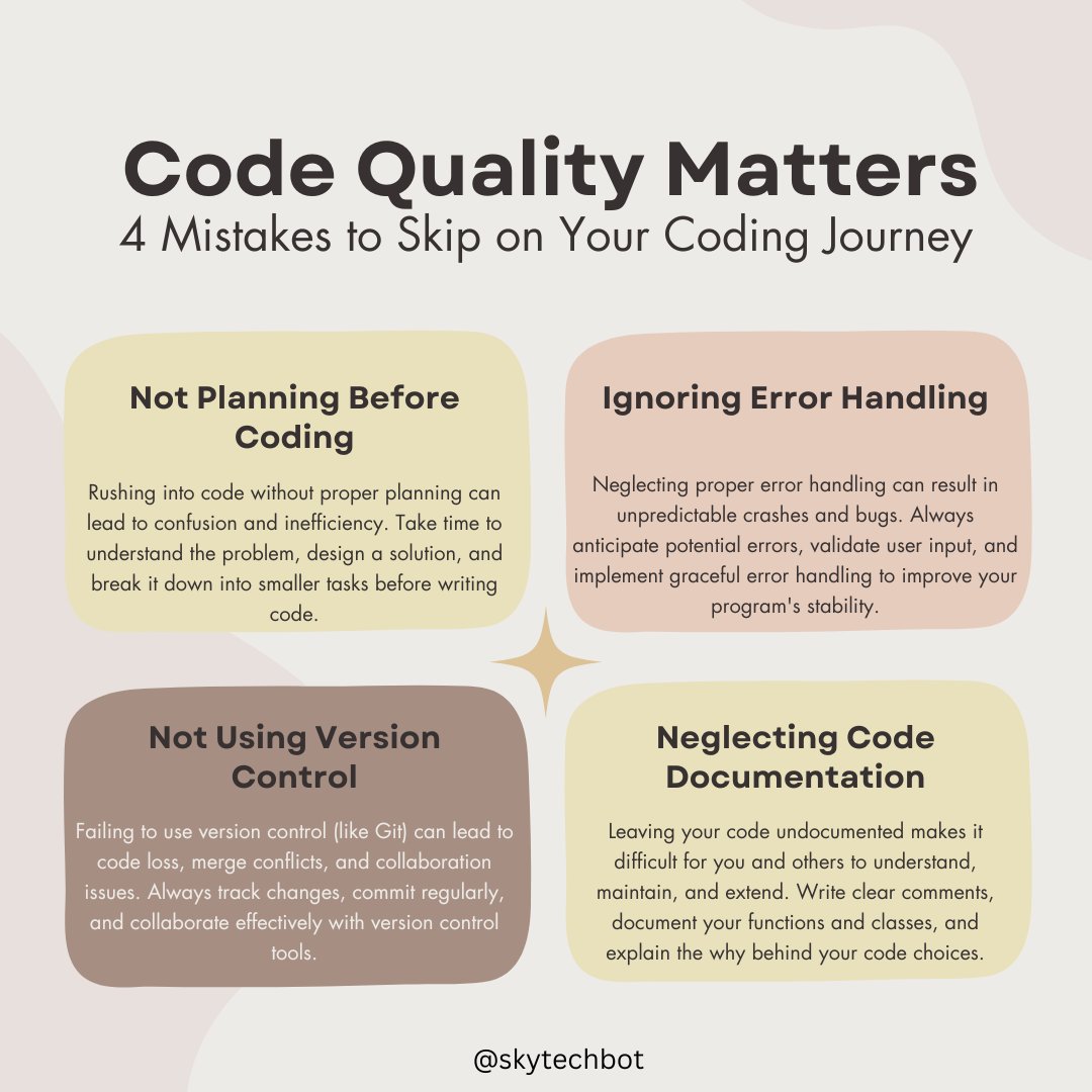 SkyTechBot's tweet image. Code Quality Matters: 4 Mistakes to Keep Off Your Keyboard
Avoiding these mistakes can lead to more efficient, reliable, and maintainable code.
#ProgrammingMistakes #CodeQuality #Programming #PHP #Python #Java #JavaScript #SoftwareEngineer, #SoftwareDeveloper #WebDeveloper