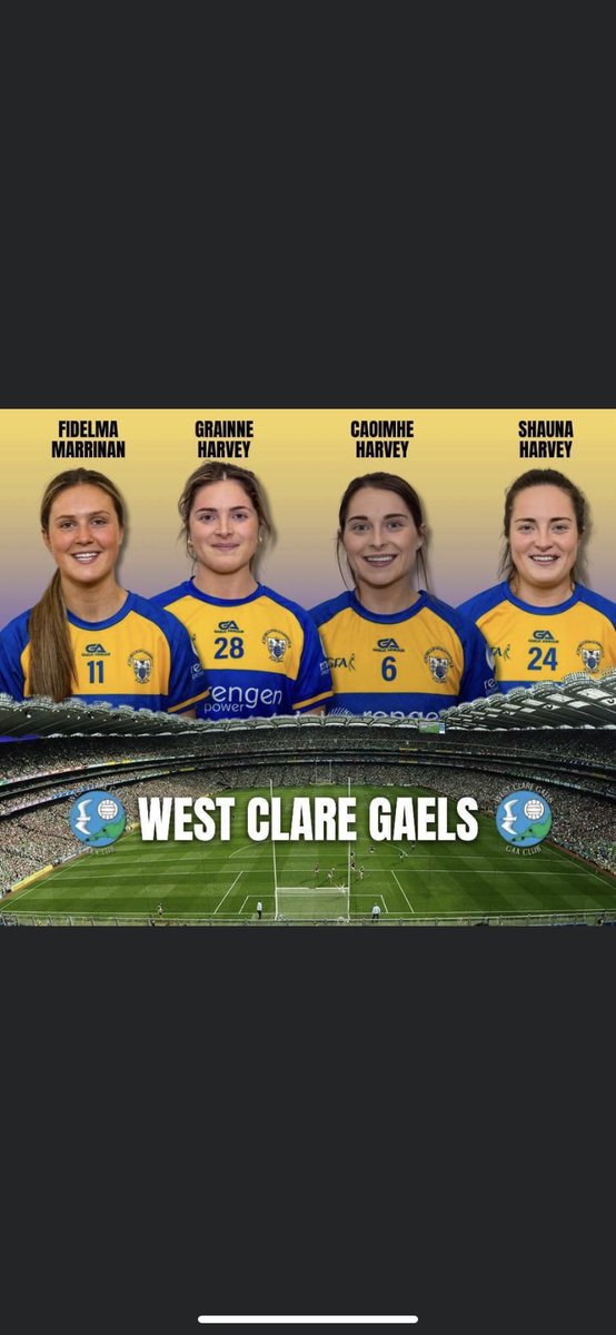 The very best of luck to the Clare ladies in the All-Ireland final tomorrow. The girls will proudly represent Clare in Croke Park. Special mention to the West Clare Gaels quartet of Fidelma Marrinan, Caoimhe, Grainne &amp; Shauna Harvey! 🟨🟦