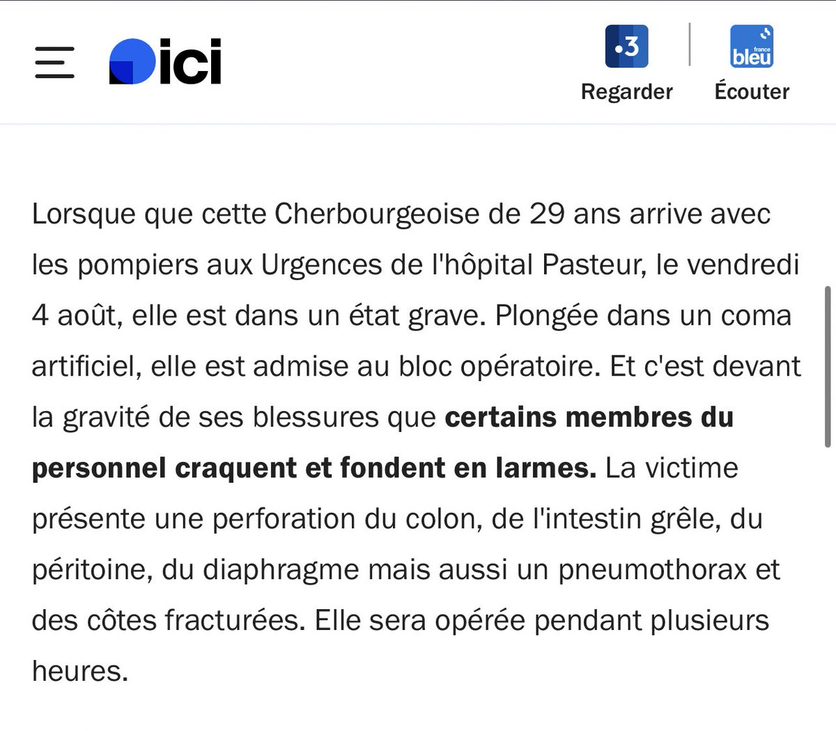 DamienRieu's tweet photo. 🔴 #Cherbourg : une cellule psychologique mise en place à l’hôpital pour le personnel “ému au larmes” dans l’affaire de la jeune femme violée et torturée par Oumar. https://t.co/d7SyaO3Zhw