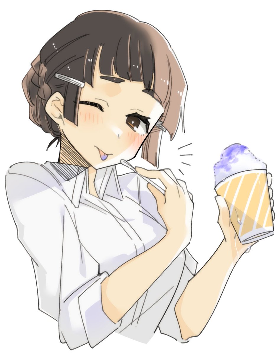 myoukou (kancolle) 1girl shaved ice solo one eye closed shirt food tongue out  illustration images