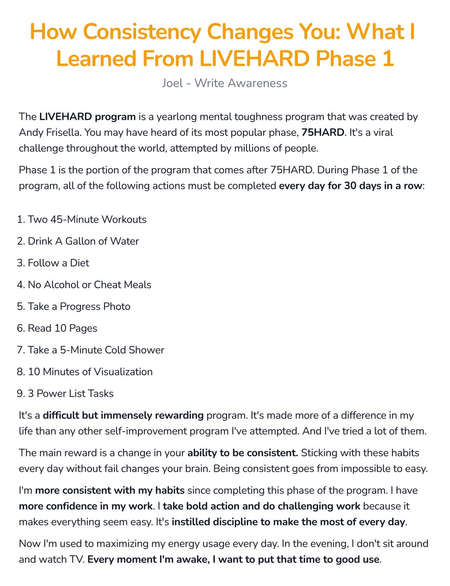 How Consistency Changes You: What I Learned From LIVEHARD Phase 1

This essay is about how my life has changed from the LIVEHARD program. 

It's a deeply transformative experience. I describe the program here, but I encourage you to look up LIVEHARD and learn more about it.