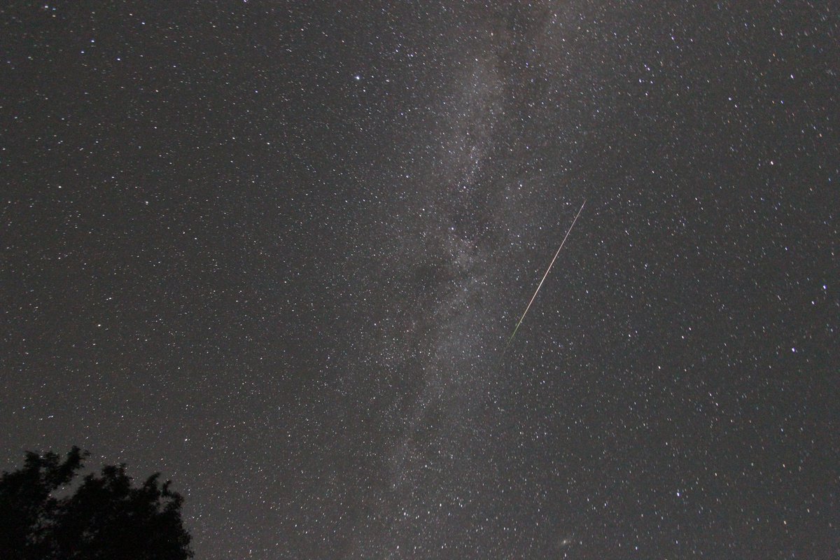 Perseiden Feuerkugel von letzter Nacht. 12. August 2023 um etwa 1 Uhr MESZ. 10 mm Weitwinkel Objektiv. 58 Sekunden bei ISO 3200. Die Folgeaufnahme zeigte dann an der Stelle ein kleines rotes Wölkchen.....Rauchspur.