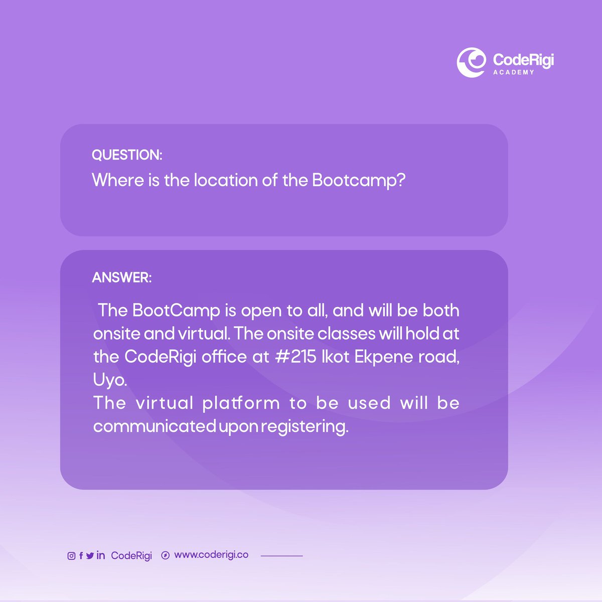 coderigi_'s tweet photo. Registration is Ongoing! Click this link https://t.co/okszm5Tisx and join the BootCamp to begin your tech journey!
#CodeRigi #BootCamp #FAQs #Coding #SummerLessonInUyo #CodeRigiAcademy https://t.co/6ybLflQVed