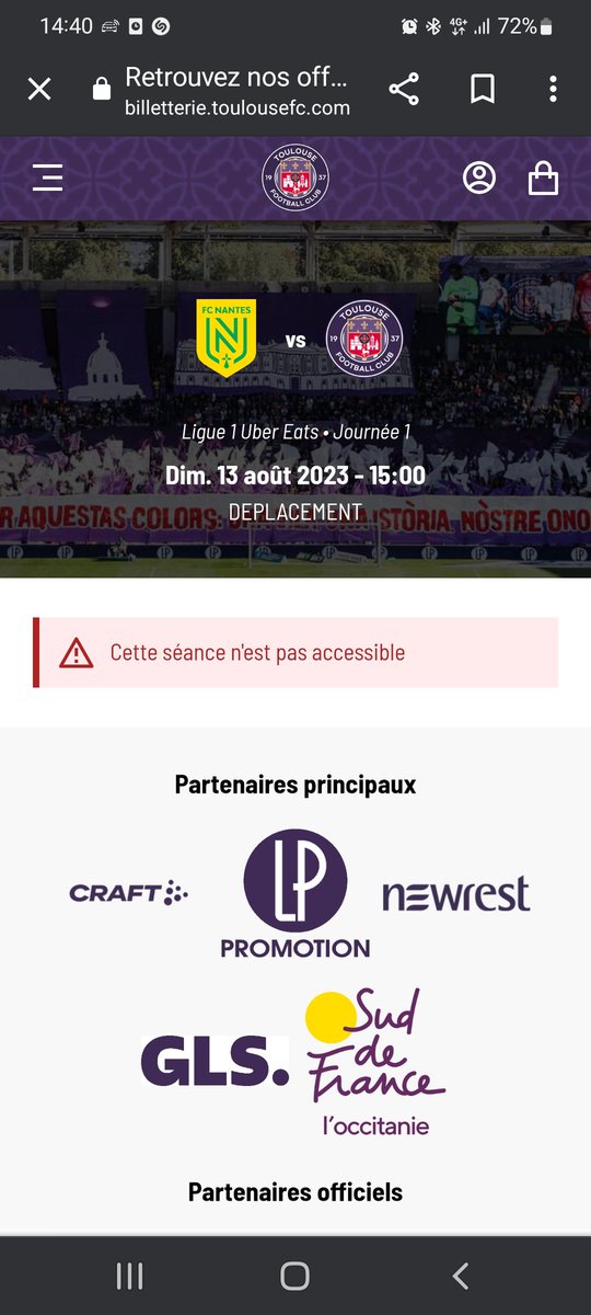 munier_alex's tweet photo. Bonjour @ToulouseFC , si vous voulez des supporters en déplacement il faudrait que la billetterie soit accessible vu que c'est désormais l'unique moyen d'avoir des places...
#fcntfc #Ligue1UberEats https://t.co/1EgdEjo5uU
