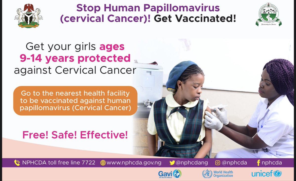 Some really great news: the HPV vaccine has been introduced into the routine immunization schedule in Nigeria, for girls ages 9-14. This means that the vaccine is readily available (for free) at most public health facilities in Nigeria. @NphcdaNG